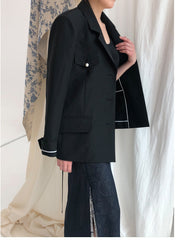 Tailored Double-Breasted Linen Blazer With Pearl Button Accents And Structured Silhouette