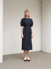 Women's Navy Linen Midi Dress – Short Wide Sleeve Belted Dress with Side Slit Detail