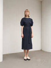 Women's Navy Linen Midi Dress – Short Wide Sleeve Belted Dress with Side Slit Detail
