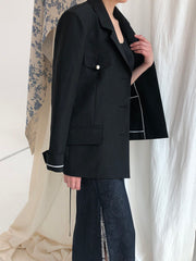 Tailored Double-Breasted Linen Blazer With Pearl Button Accents And Structured Silhouette