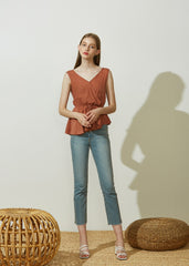 Sleeveless Wrap Linen Top with Adjustable Waist Tie and Flared Hem for Summer Elegance