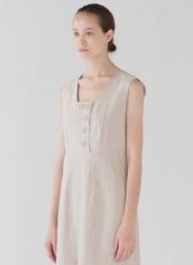 Sleeveless Button-Front Linen Midi Dress for Women with Square Neckline and Flattering Fit