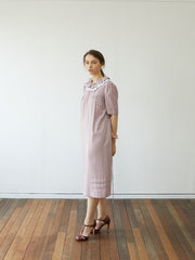 Linen Midi Dress with Ruffled Collar and Tie Waist – Elegant Short Sleeve Women's Dress