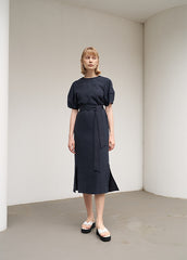 Women's Navy Linen Midi Dress – Short Wide Sleeve Belted Dress with Side Slit Detail