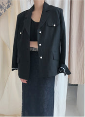 Tailored Double-Breasted Linen Blazer With Pearl Button Accents And Structured Silhouette