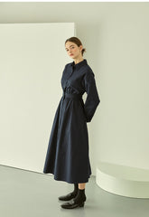 Elegant Cotton Poplin Midi Shirt Dress with Button Front, Long Sleeves, and Tailored Waist