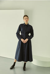 Elegant Cotton Poplin Midi Shirt Dress with Button Front, Long Sleeves, and Tailored Waist