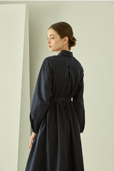 Elegant Cotton Poplin Midi Shirt Dress with Button Front, Long Sleeves, and Tailored Waist