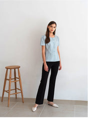 Short Sleeve Linen Blouse with Square Neckline and Darted Fit for Feminine Silhouette