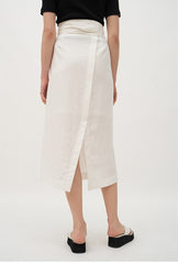 High-Waisted Wrap Linen Midi Skirt with Back Slit and Tie Waist for Elegant Styling