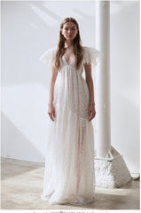 Elegant Full-Length Lace Dress With Delicate Floral Texture And Soft Sheer Overlay