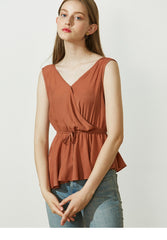 Sleeveless Wrap Linen Top with Adjustable Waist Tie and Flared Hem for Summer Elegance