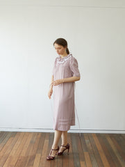 Linen Midi Dress with Ruffled Collar and Tie Waist – Elegant Short Sleeve Women's Dress