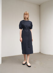 Women's Navy Linen Midi Dress – Short Wide Sleeve Belted Dress with Side Slit Detail