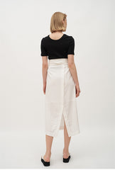 High-Waisted Wrap Linen Midi Skirt with Back Slit and Tie Waist for Elegant Styling
