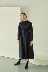 Elegant Cotton Poplin Midi Shirt Dress with Button Front, Long Sleeves, and Tailored Waist