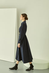 Elegant Cotton Poplin Midi Shirt Dress with Button Front, Long Sleeves, and Tailored Waist