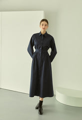 Elegant Cotton Poplin Midi Shirt Dress with Button Front, Long Sleeves, and Tailored Waist