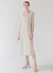 Sleeveless Button-Front Linen Midi Dress for Women with Square Neckline and Flattering Fit