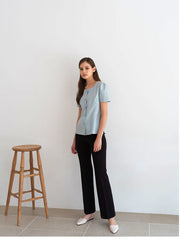 Short Sleeve Linen Blouse with Square Neckline and Darted Fit for Feminine Silhouette
