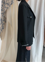 Tailored Double-Breasted Linen Blazer With Pearl Button Accents And Structured Silhouette