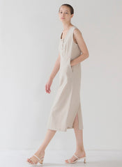 Sleeveless Button-Front Linen Midi Dress for Women with Square Neckline and Flattering Fit