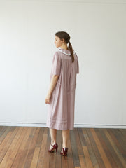 Linen Midi Dress with Ruffled Collar and Tie Waist – Elegant Short Sleeve Women's Dress