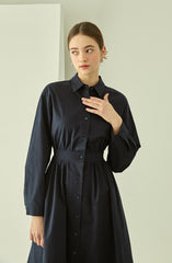 Elegant Cotton Poplin Midi Shirt Dress with Button Front, Long Sleeves, and Tailored Waist