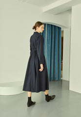 Elegant Cotton Poplin Midi Shirt Dress with Button Front, Long Sleeves, and Tailored Waist