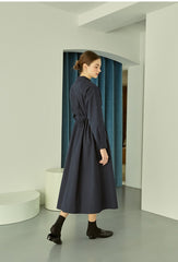 Elegant Cotton Poplin Midi Shirt Dress with Button Front, Long Sleeves, and Tailored Waist