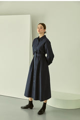 Elegant Cotton Poplin Midi Shirt Dress with Button Front, Long Sleeves, and Tailored Waist