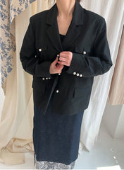 Tailored Double-Breasted Linen Blazer With Pearl Button Accents And Structured Silhouette
