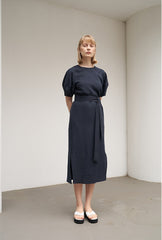 Women's Navy Linen Midi Dress – Short Wide Sleeve Belted Dress with Side Slit Detail