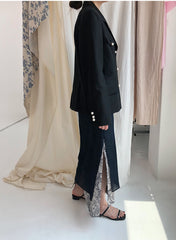 Tailored Double-Breasted Linen Blazer With Pearl Button Accents And Structured Silhouette