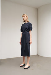 Women's Navy Linen Midi Dress – Short Wide Sleeve Belted Dress with Side Slit Detail