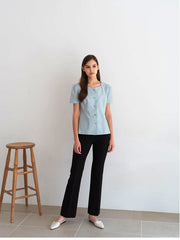 Short Sleeve Linen Blouse with Square Neckline and Darted Fit for Feminine Silhouette