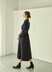 Elegant Cotton Poplin Midi Shirt Dress with Button Front, Long Sleeves, and Tailored Waist