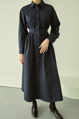 Elegant Cotton Poplin Midi Shirt Dress with Button Front, Long Sleeves, and Tailored Waist
