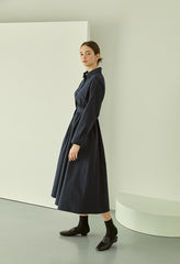 Elegant Cotton Poplin Midi Shirt Dress with Button Front, Long Sleeves, and Tailored Waist