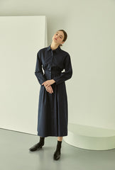 Elegant Cotton Poplin Midi Shirt Dress with Button Front, Long Sleeves, and Tailored Waist