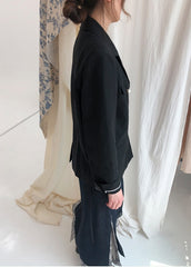 Tailored Double-Breasted Linen Blazer With Pearl Button Accents And Structured Silhouette