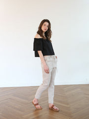 Off-Shoulder Linen Blouse with Elastic Neckline and Cropped Fit