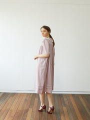 Linen Midi Dress with Ruffled Collar and Tie Waist – Elegant Short Sleeve Women's Dress