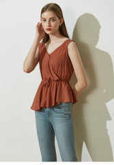 Sleeveless Wrap Linen Top with Adjustable Waist Tie and Flared Hem for Summer Elegance