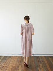 Linen Midi Dress with Ruffled Collar and Tie Waist – Elegant Short Sleeve Women's Dress