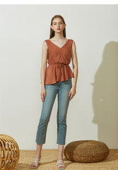 Sleeveless Wrap Linen Top with Adjustable Waist Tie and Flared Hem for Summer Elegance