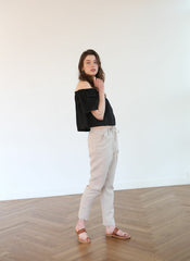 Off-Shoulder Linen Blouse with Elastic Neckline and Cropped Fit