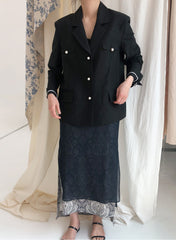 Tailored Double-Breasted Linen Blazer With Pearl Button Accents And Structured Silhouette