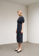 Women's Navy Linen Midi Dress – Short Wide Sleeve Belted Dress with Side Slit Detail