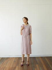 Linen Midi Dress with Ruffled Collar and Tie Waist – Elegant Short Sleeve Women's Dress